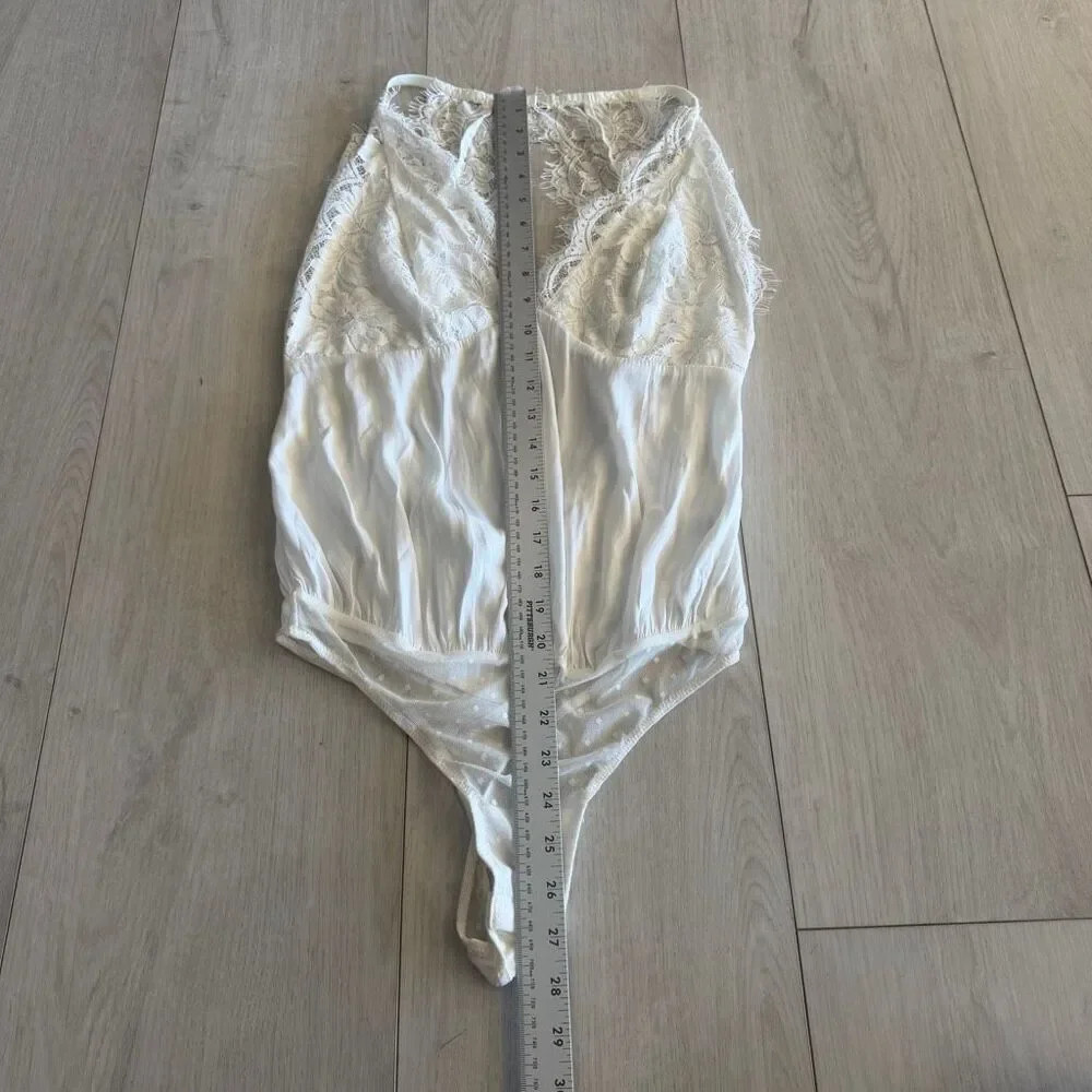Free People Melrose Bodysuit Lace Inlay Satin White size S